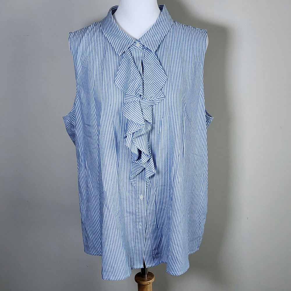 Karl‎ Lagerfeld Ruffle Sleeveless Blouse Womens XL Blue 
Stripe Coastal Nautical
